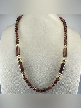 Made In Hong Kong Necklace Brown Tortoise Lucite Gold Tone Beaded Statement